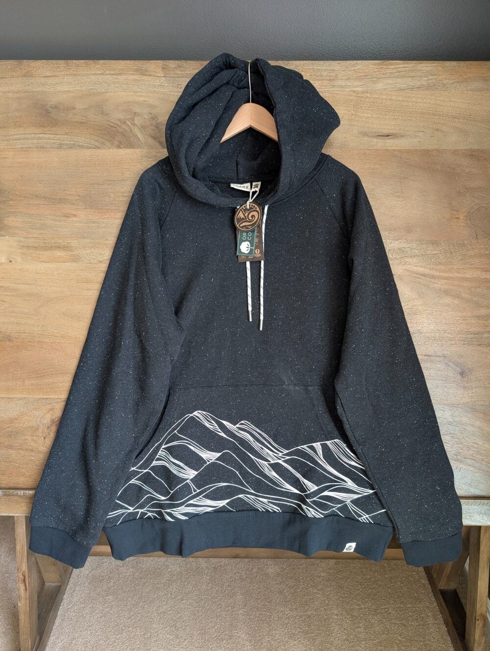 Happy Earth Hoodie Mens XL Black White Dotted Mountain Design Long Sleeve NWT